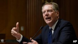 美国贸易代表莱特希泽在华盛顿国会山参议院财政委员会听证会上作证（2019年6月18日）。