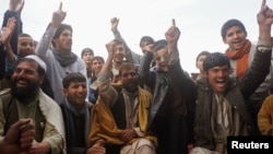 阿富汗球迷在喀布尔一个路边小商铺观看2015年板球世界杯赛阿富汗队对孟加拉国队的比赛。 （资料照片）