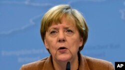 德國總理默克爾在歐盟領導人會議後向媒體講話。