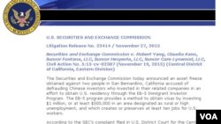 网络截图：美国证监会11月27日有关冻结罗伯特·杨和克罗地亚·卡诺资产的公告。